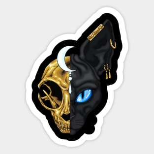 Black sphinx cat with golden skull Sticker